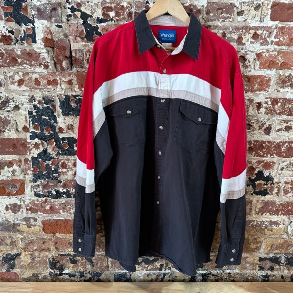 Wrangler Western Shirt Pearl Snap Red Black Long Sleeve Striped Mens XL